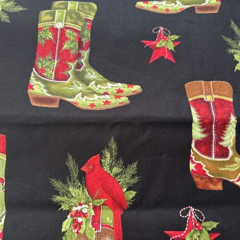 Kaufman Holly Jolly Christmas Cowboy Boot Print Cotton Quilting Fabric 2 Yd